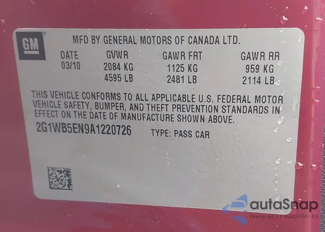 2010 Chevrolet Impala Lt from USA, damaged, VIN 2G1WB5EN9A1220726